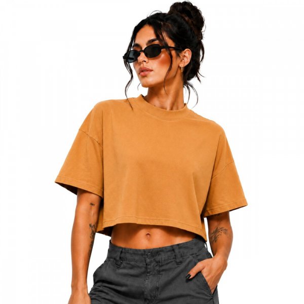 Camiseta Feminina Cropped 100% Algodão Bege